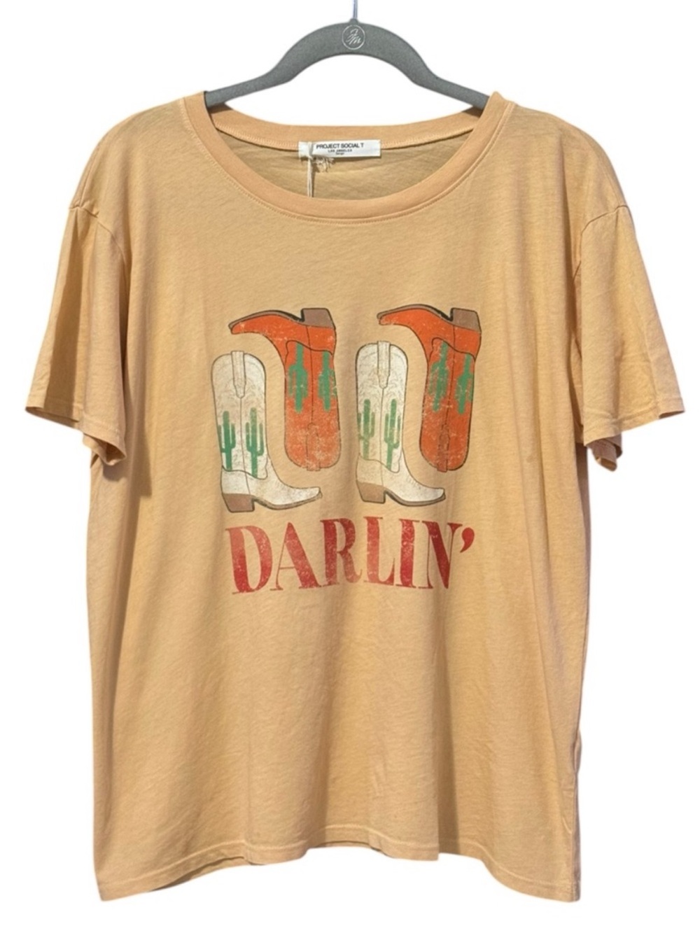 Project Social T Darlin Cowgirl Boots Graphic Tee Tan Orange Western Boho M NWT - Picture 2 of 8